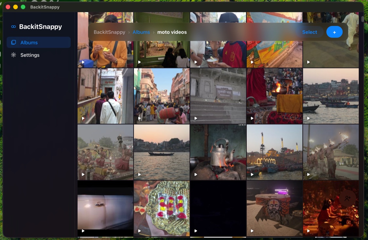 An album open in BackitSnappy, showing dozens of video thumbnails in a Photos-app-style grid