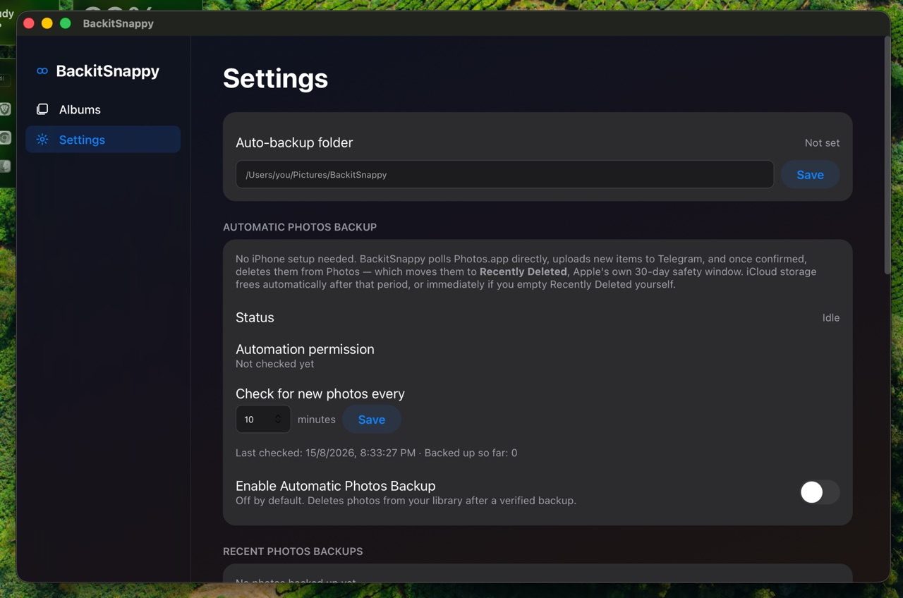 BackitSnappy's Settings screen, showing the auto-backup folder and the Automatic Photos Backup controls